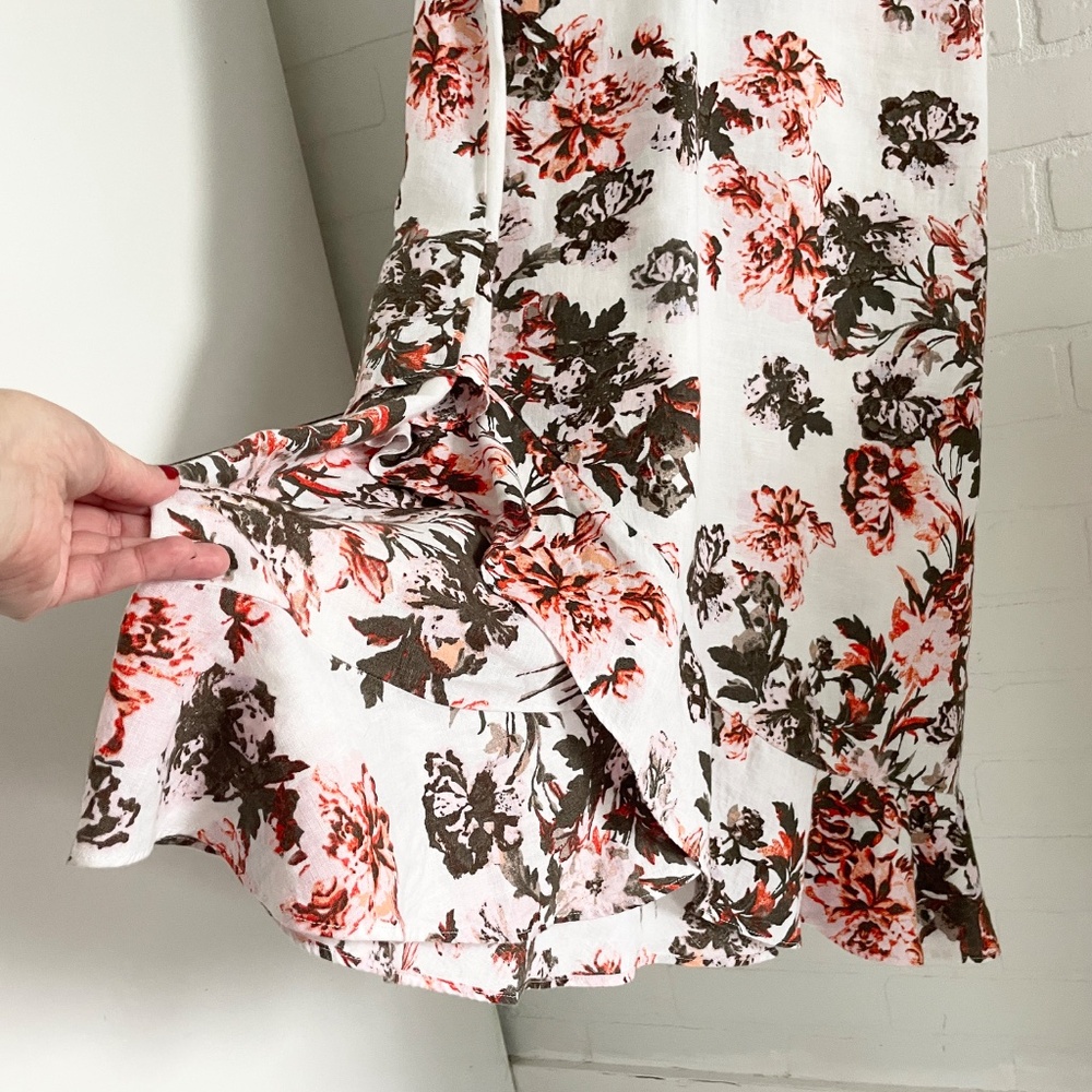 Romantic Linen Floral Midi Dress Ruffle Hem Effortless Chic Cream Olive Coral M - Picture 5 of 10